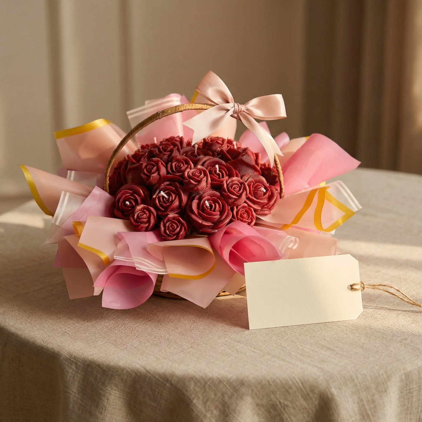 Rose Candle Basket – Handcrafted Floral Candle Arrangement