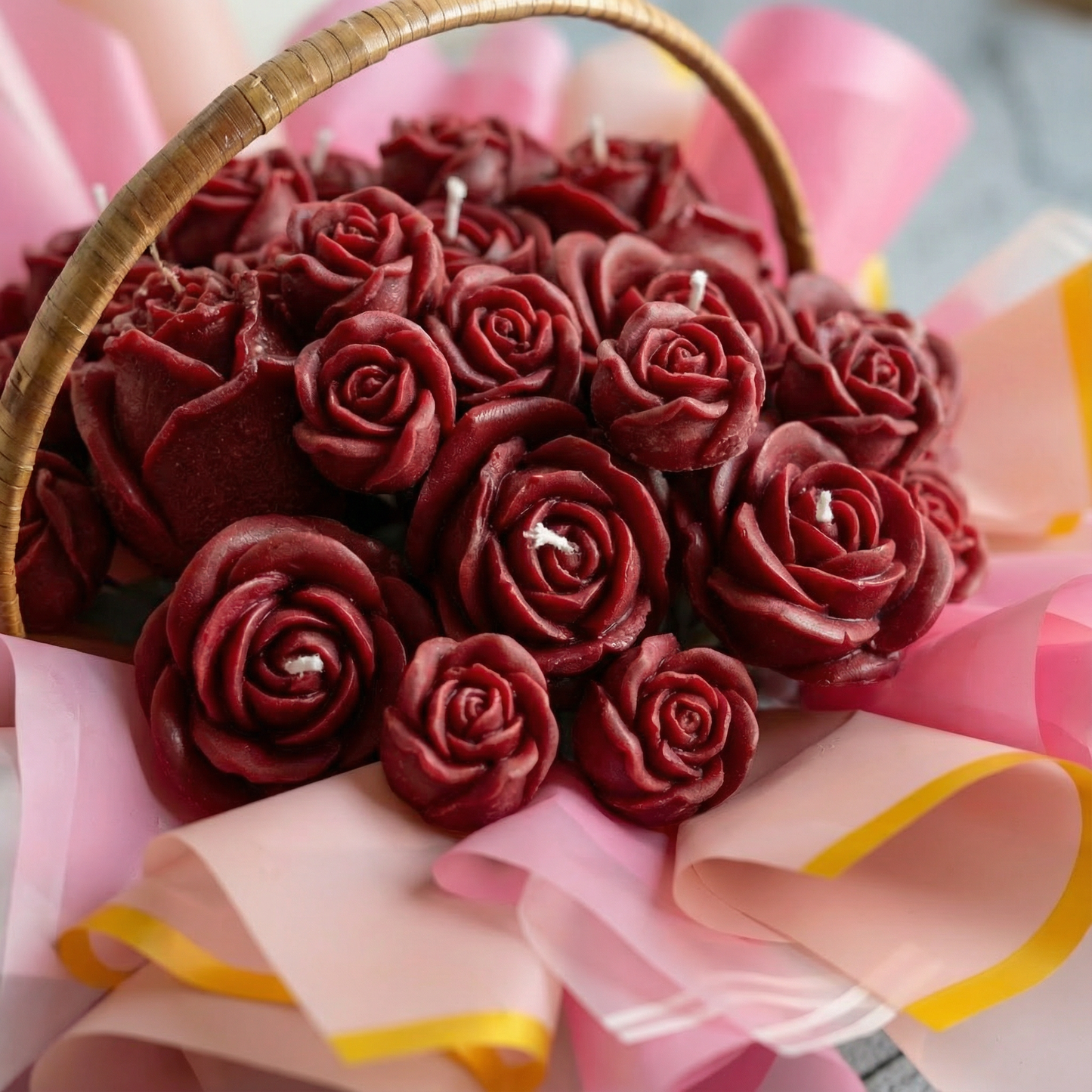 Rose Candle Basket – Handcrafted Floral Candle Arrangement