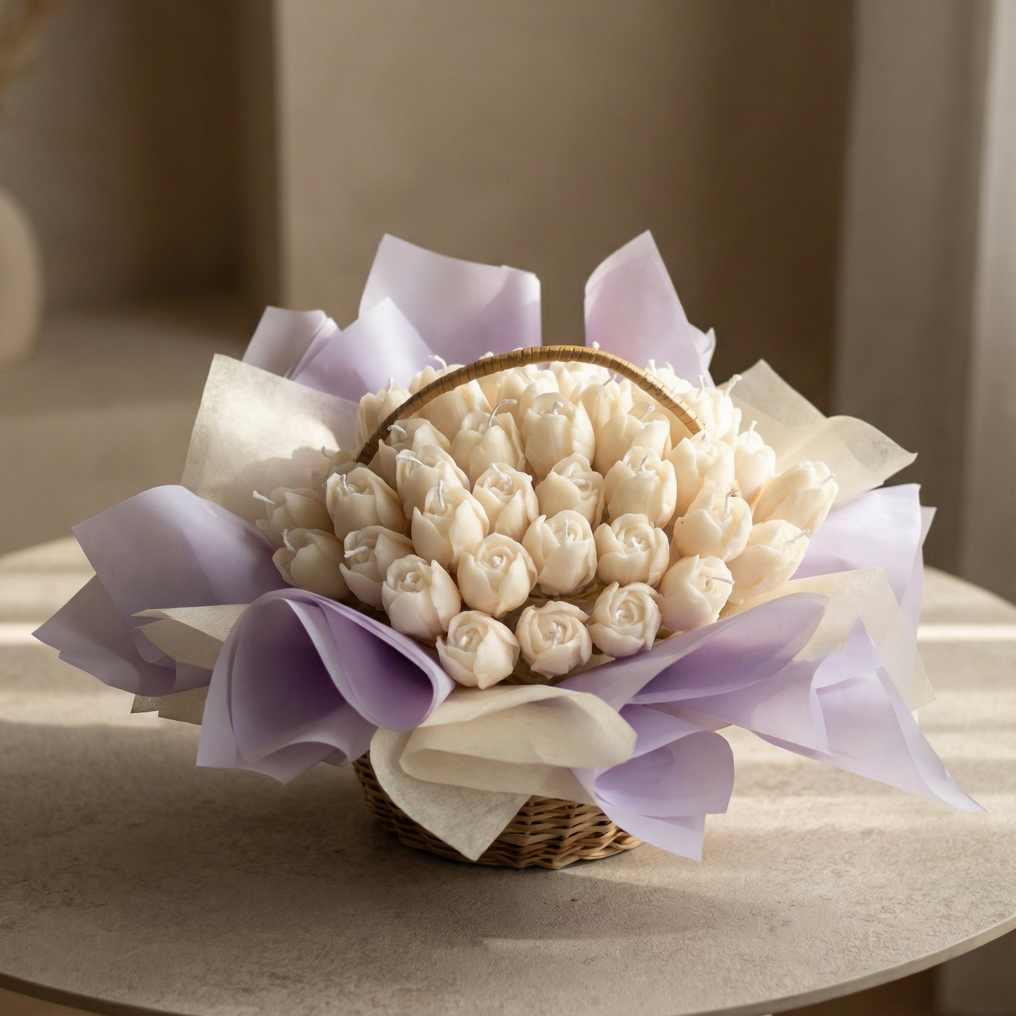 Ivory Rose Candle Basket – Handcrafted Elegant Candle Arrangement