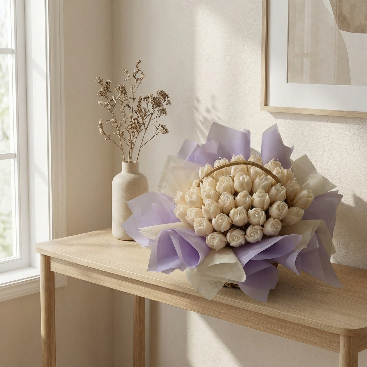 Ivory Rose Candle Basket – Handcrafted Elegant Candle Arrangement