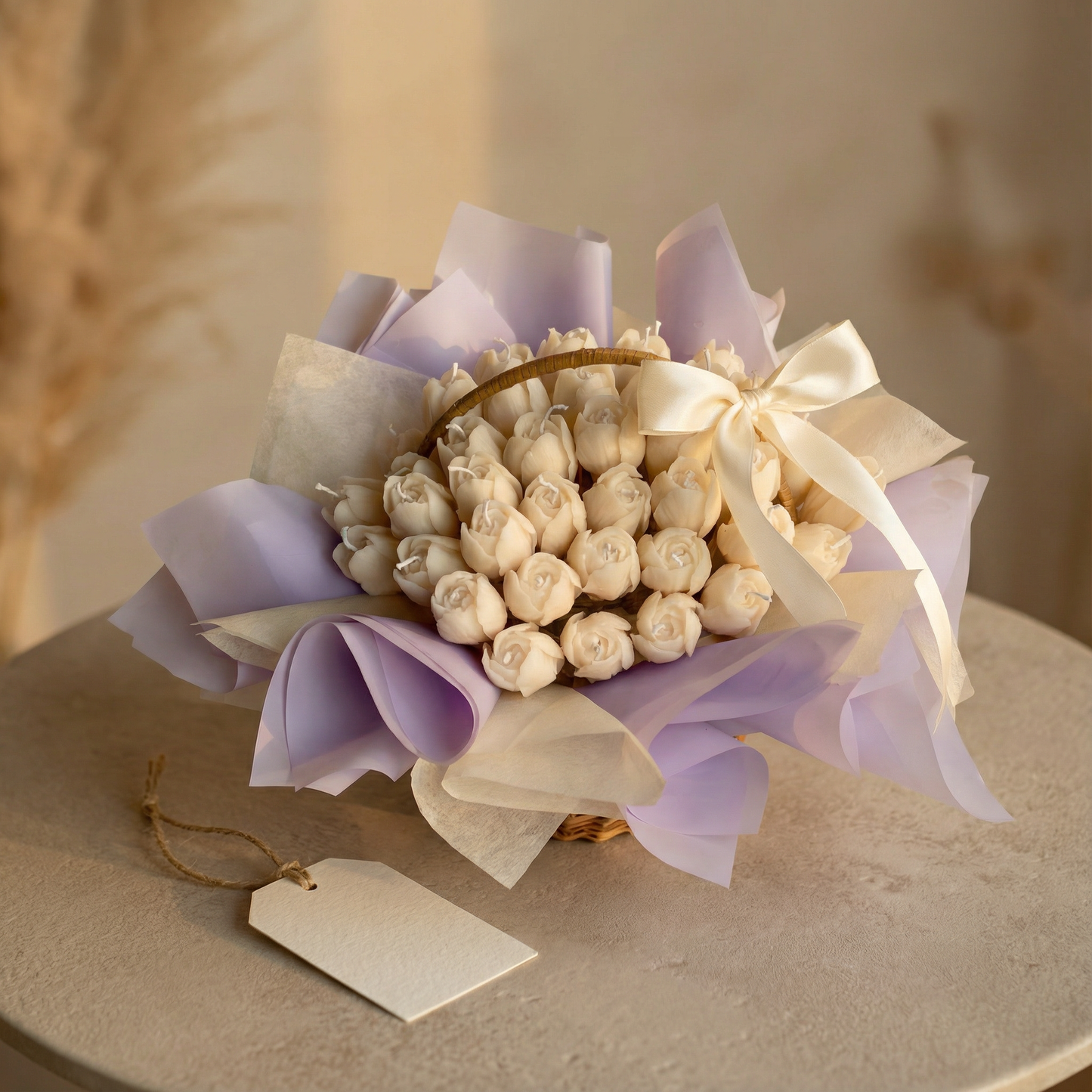 Ivory Rose Candle Basket – Handcrafted Elegant Candle Arrangement