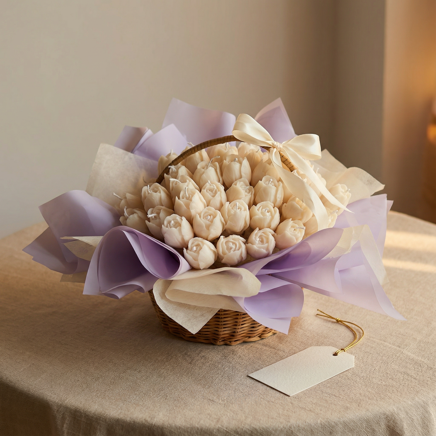 Ivory Rose Candle Basket – Handcrafted Elegant Candle Arrangement