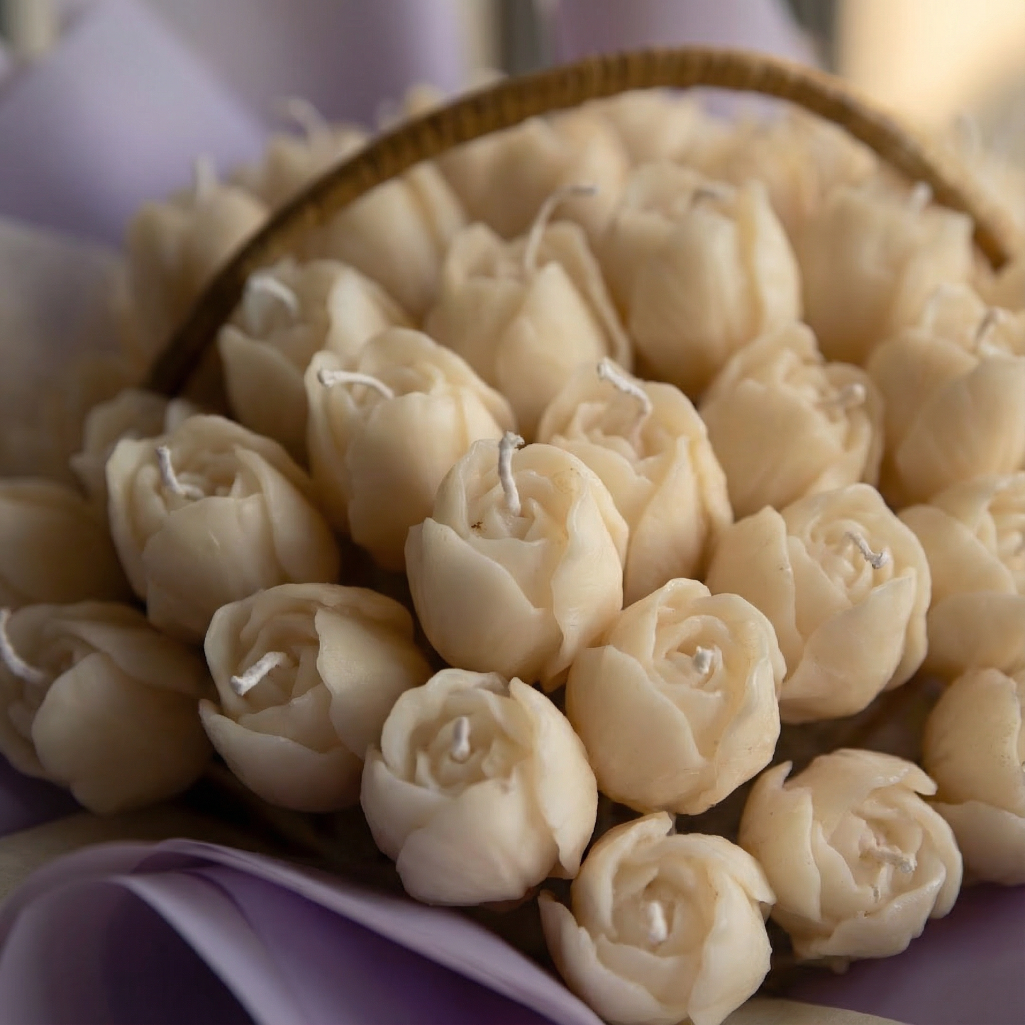 Ivory Rose Candle Basket – Handcrafted Elegant Candle Arrangement