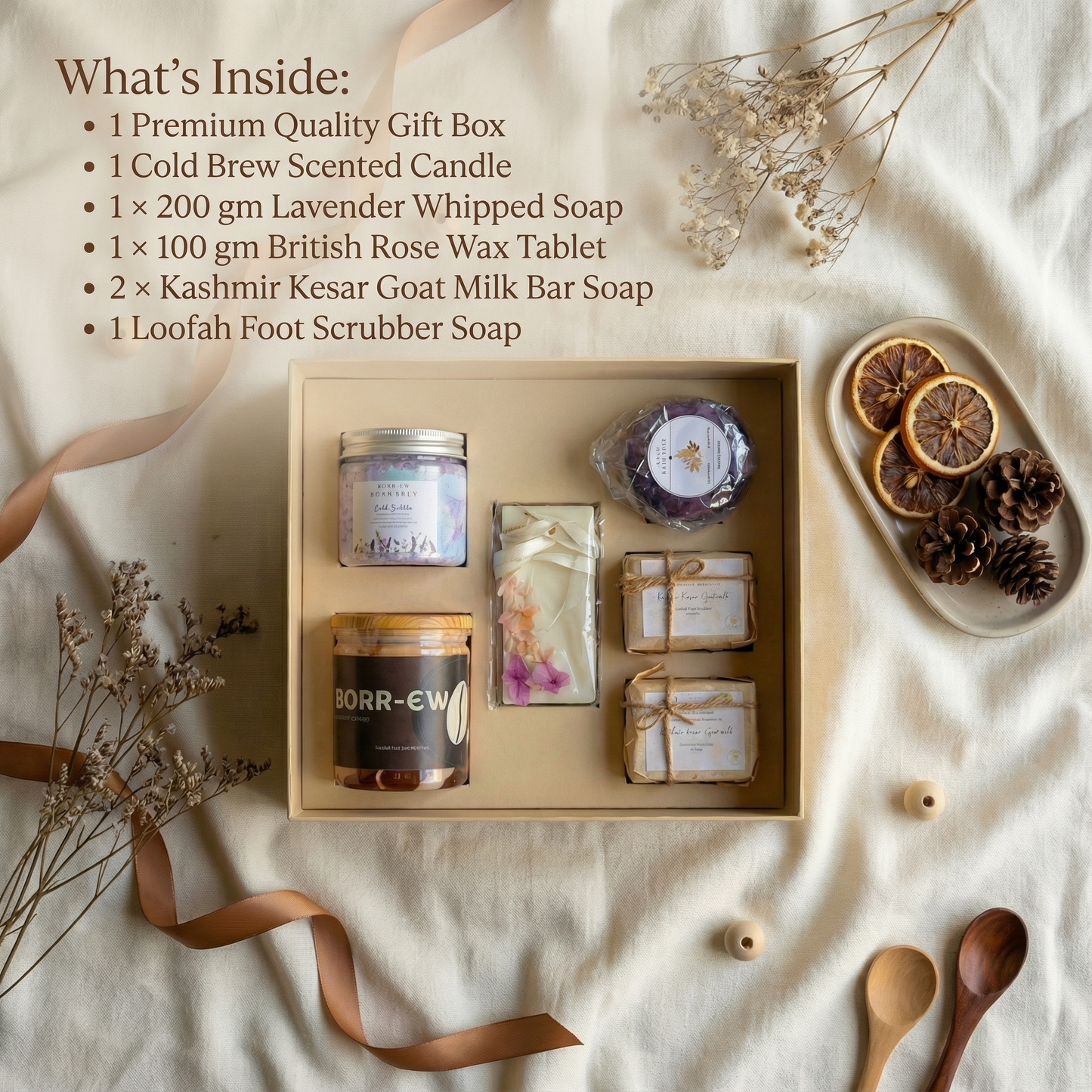 Luxury Handmade Bathing Essentials Gift Box – Candle,Wax Tablet, Whipped Soap, Loofah & Bar Soaps