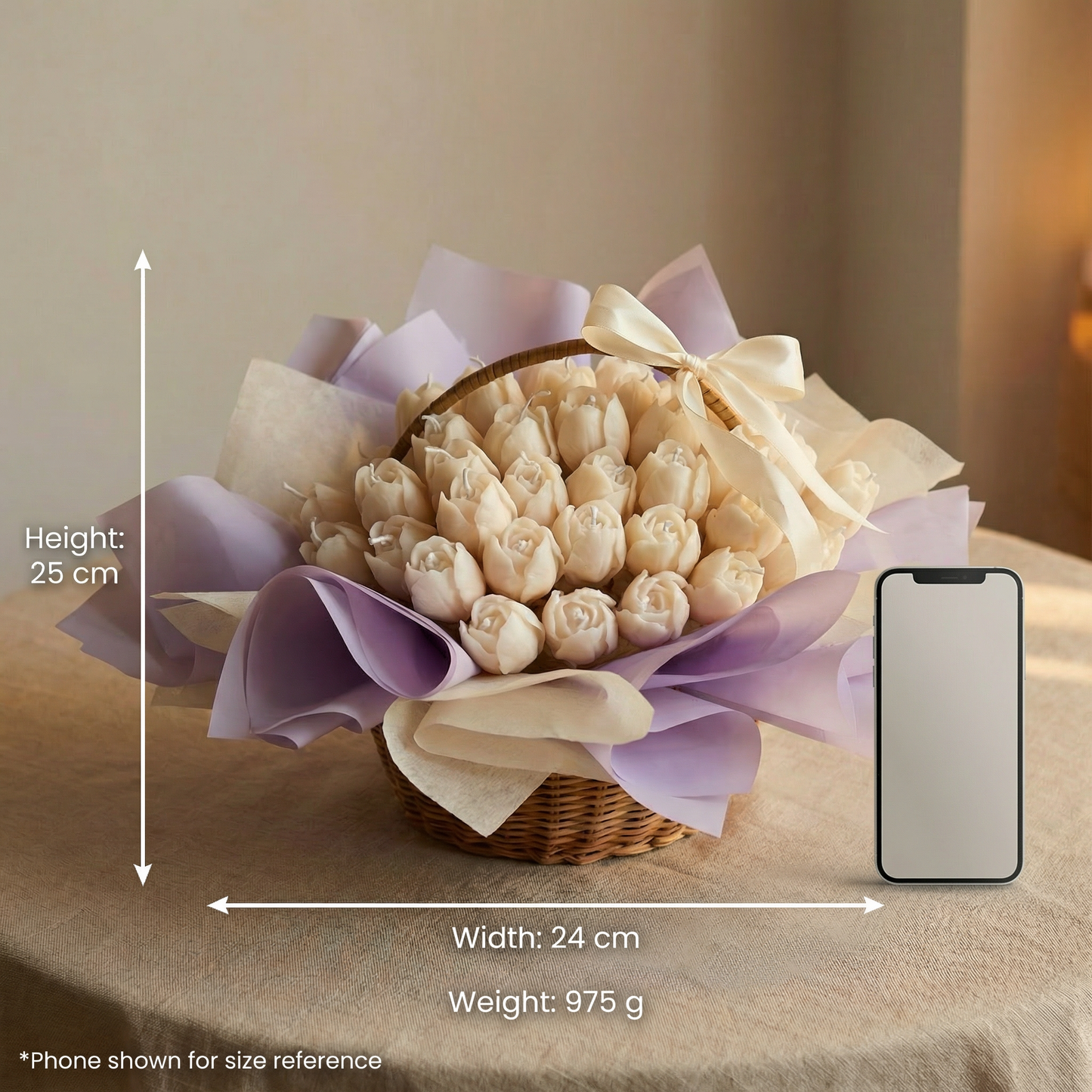 Ivory Rose Candle Basket – Handcrafted Elegant Candle Arrangement