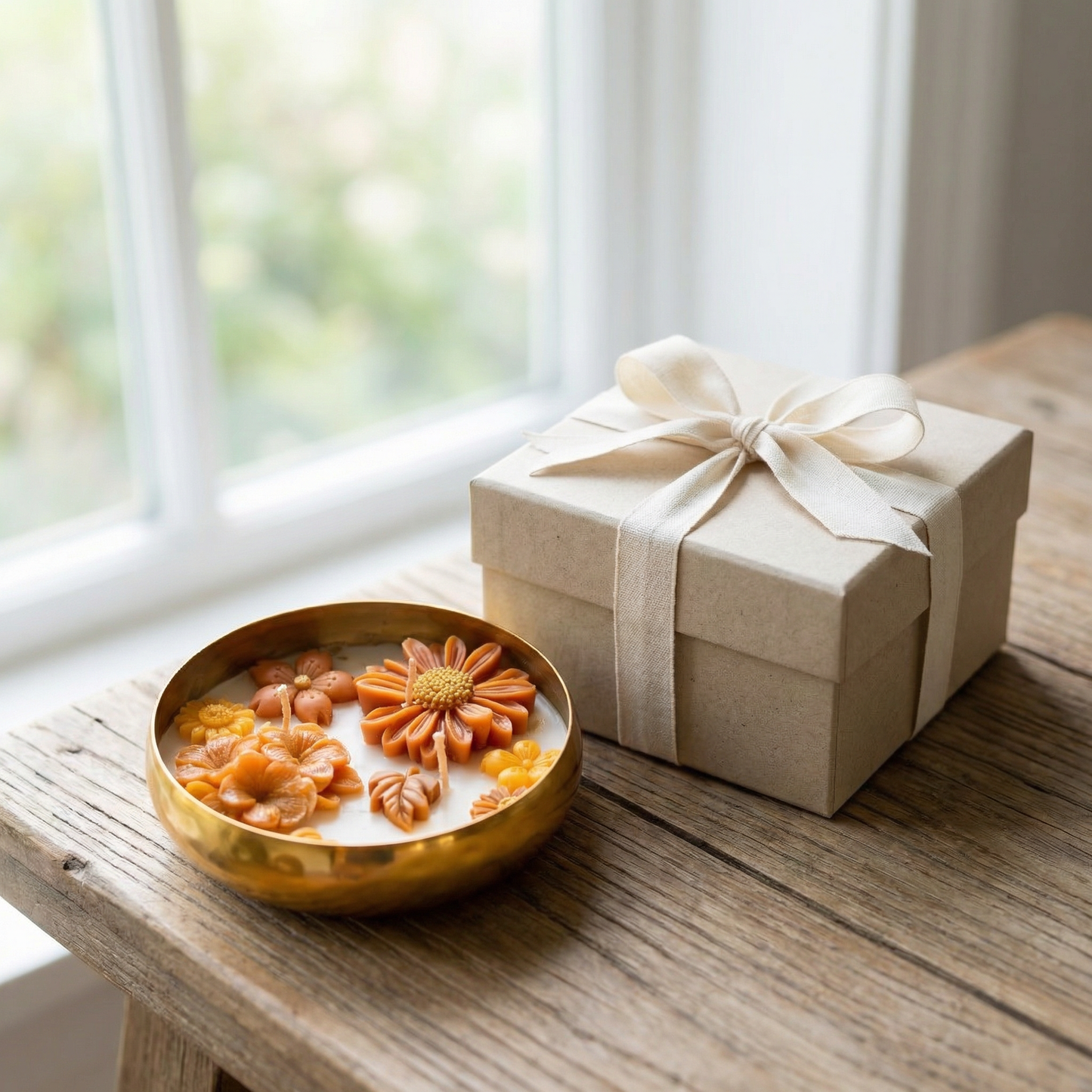Handcrafted Floral Urli Candle in Metal Bowl | Elegant Home Décor & Gifting
