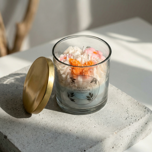 Handcrafted Floral Wax Candle in Glass Jar with Gold Lid | Elegant Home Décor Accent