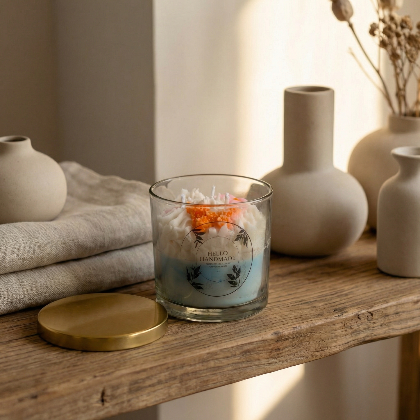 Handcrafted Floral Wax Candle in Glass Jar with Gold Lid | Elegant Home Décor Accent