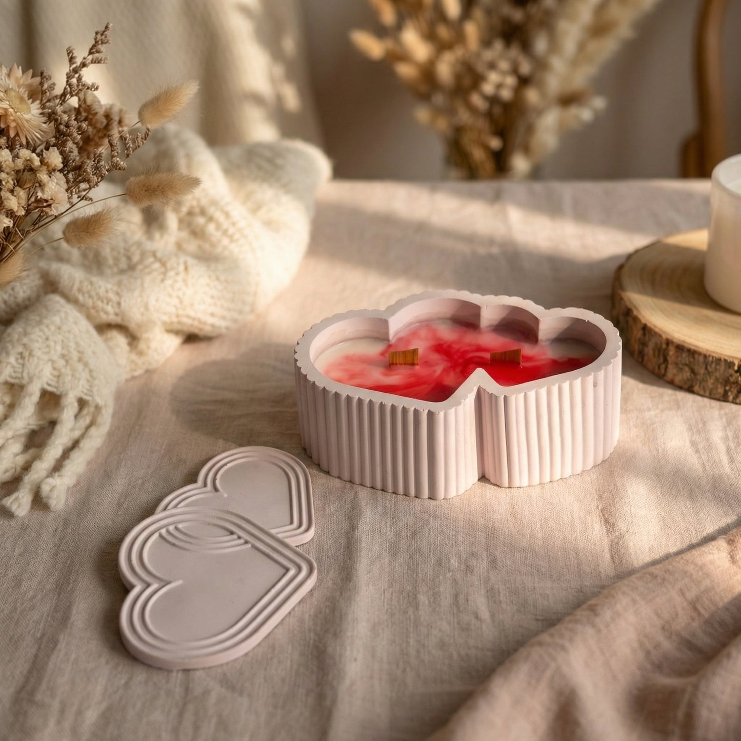 Heart-Shaped Concrete Wooden Wick Candle with Lid | Handcrafted Decorative Candle for Modern Homes