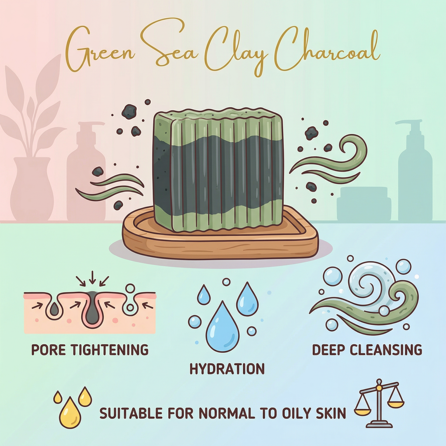 Green Sea Clay Charcoal Bar Soap Pack of 3 | Deep Cleansing Handmade Bar with Activated Charcoal | Pore Tightening Hydrating Cleanser for Normal to Oily Skin