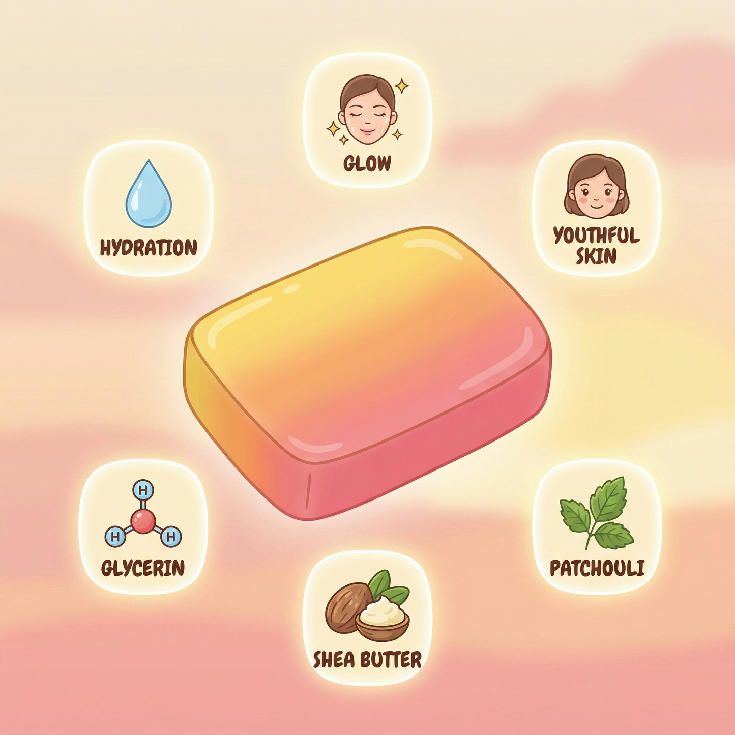 Sunset Hues Bar Soap – Glycerin & Patchouli Soap with Shea Butter | Hydrating Handmade Soap for Bright, Youthful Skin | Gentle Cleanser for All Skin Types