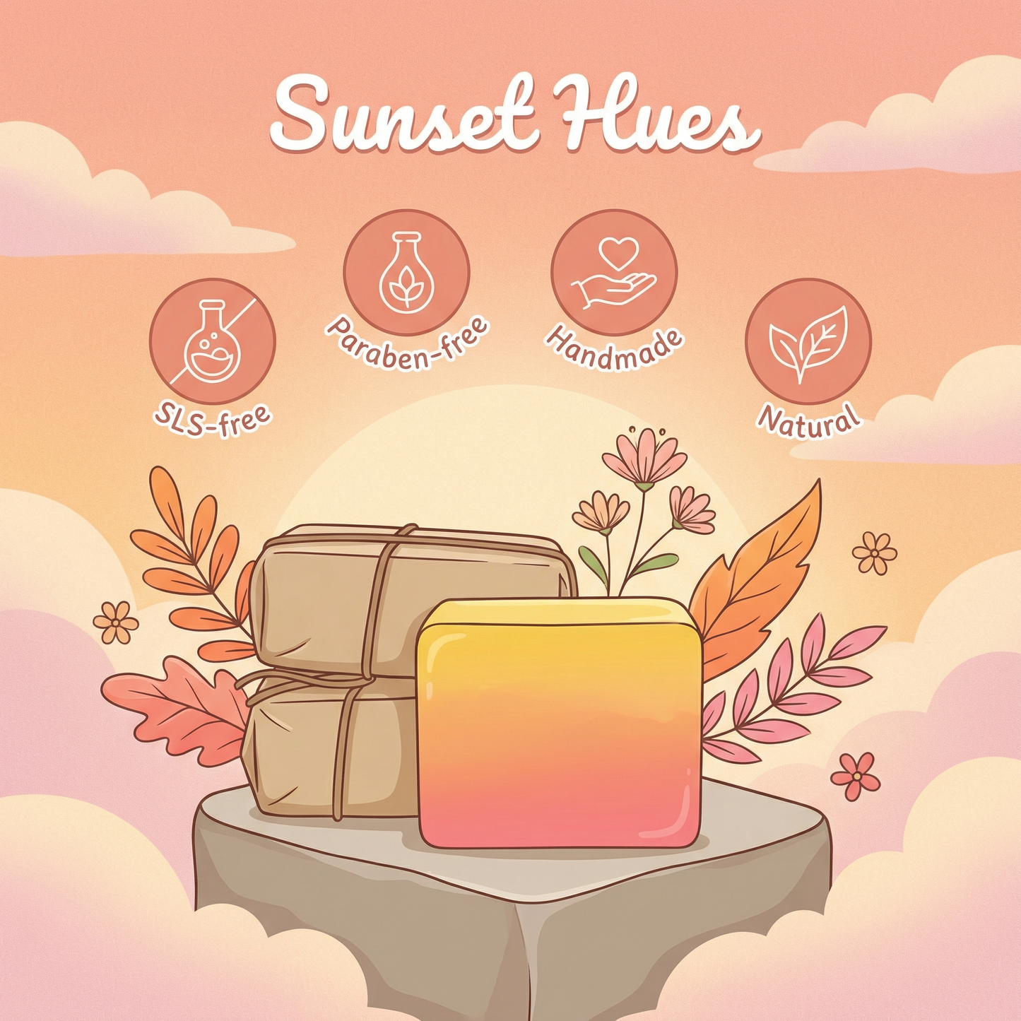 Sunset Hues Bar Soap – Glycerin & Patchouli Soap with Shea Butter | Hydrating Handmade Soap for Bright, Youthful Skin | Gentle Cleanser for All Skin Types