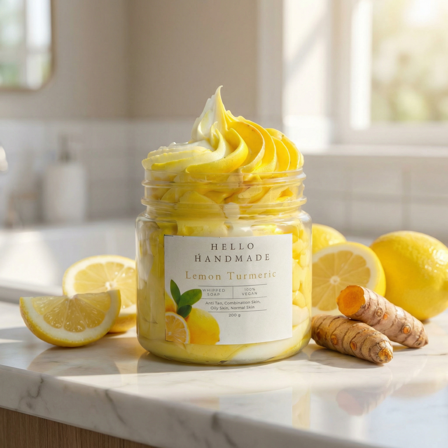 Lemon Turmeric Whipped Soap | Handmade Brightening Cleanser for Oily & Combination Skin