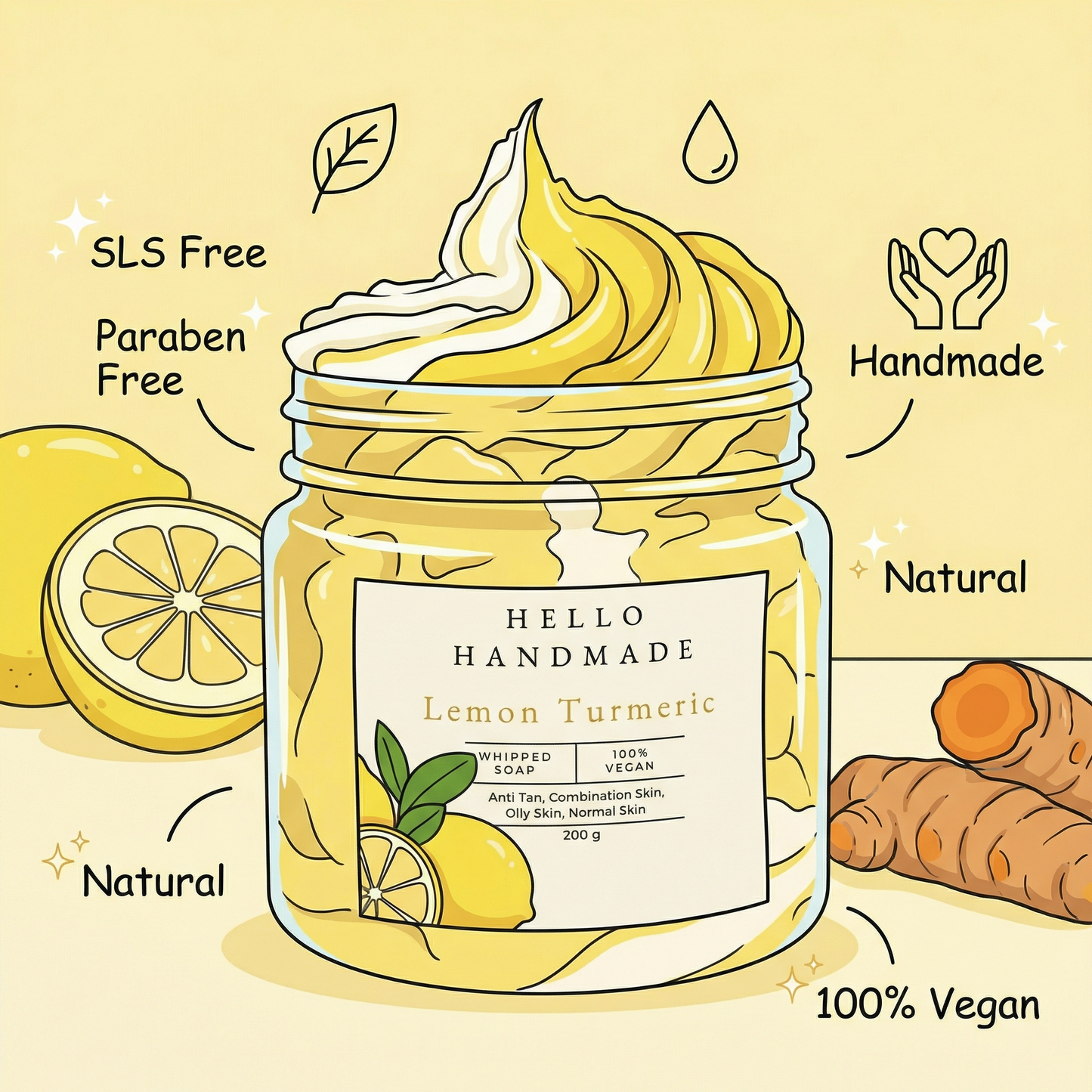 Lemon Turmeric Whipped Soap | Handmade Brightening Cleanser for Oily & Combination Skin