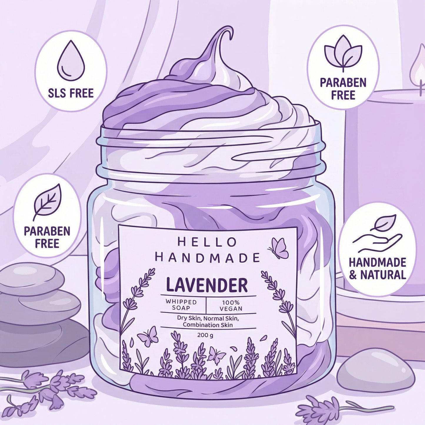 Lavender Whipped Soap | Handmade Soothing Body Cleanser for Dry, Normal & Sensitive Skin – Hello Handmade