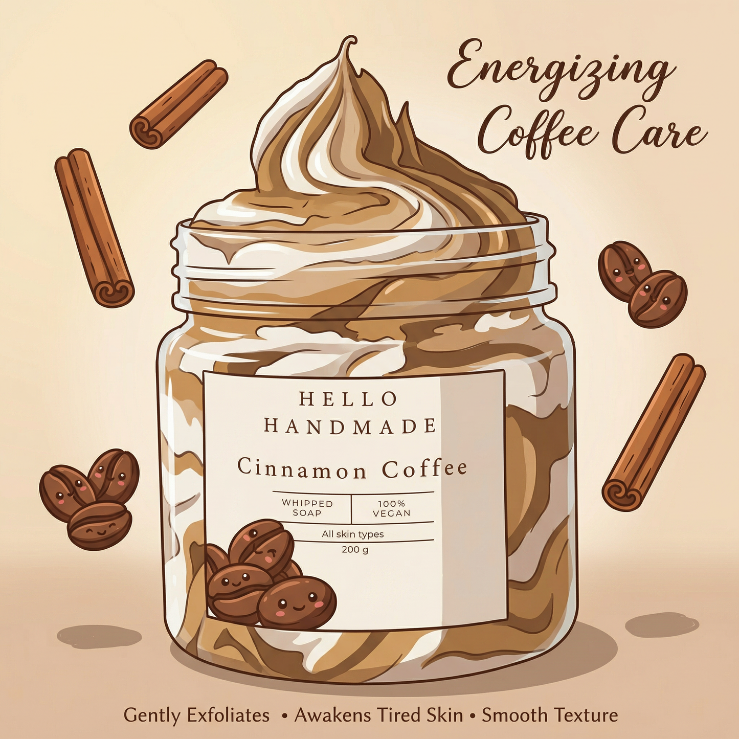 Cinnamon Coffee Whipped Soap | Handmade Energizing Exfoliating Body Cleanser for Smooth, Revitalized Skin