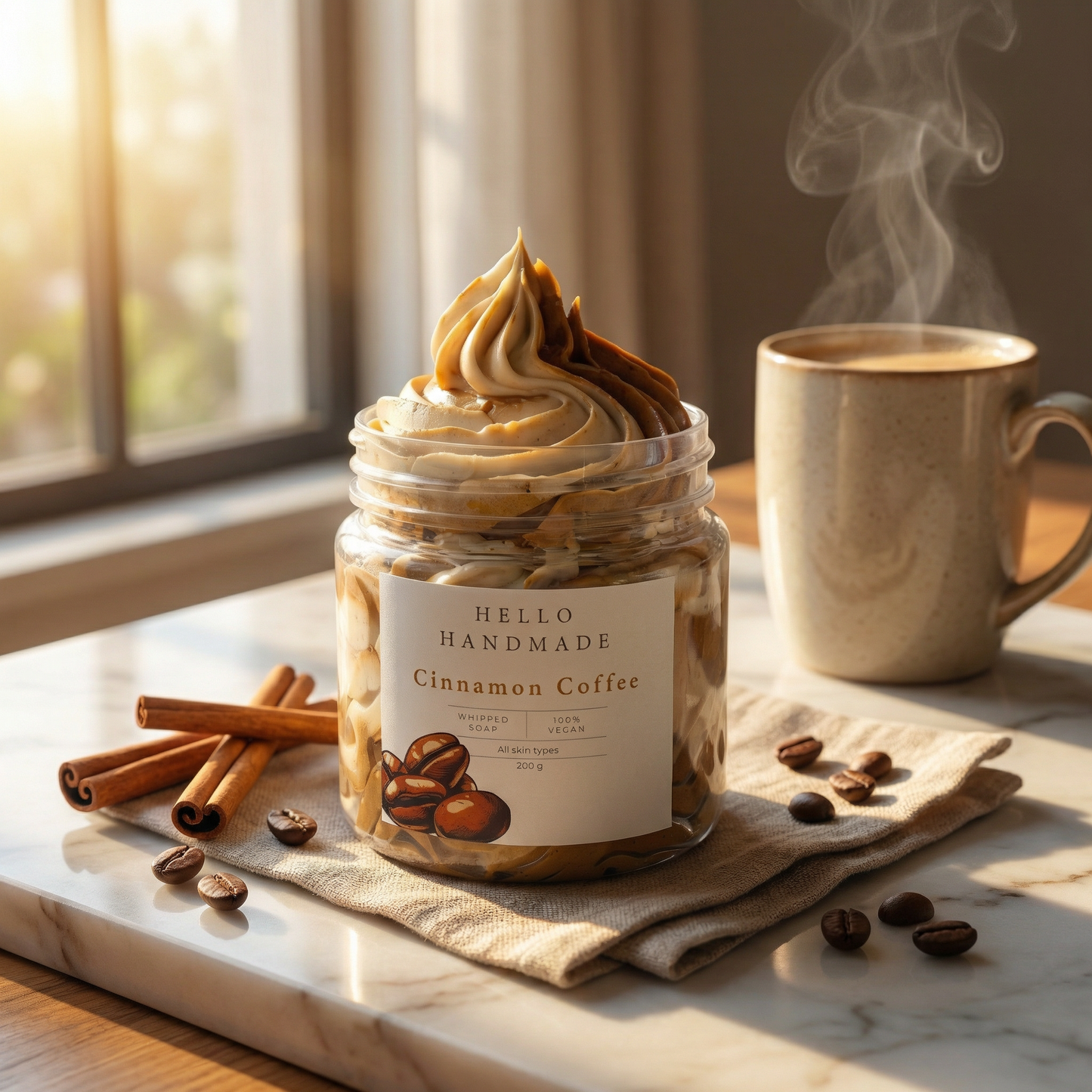 Cinnamon Coffee Whipped Soap | Handmade Energizing Exfoliating Body Cleanser for Smooth, Revitalized Skin