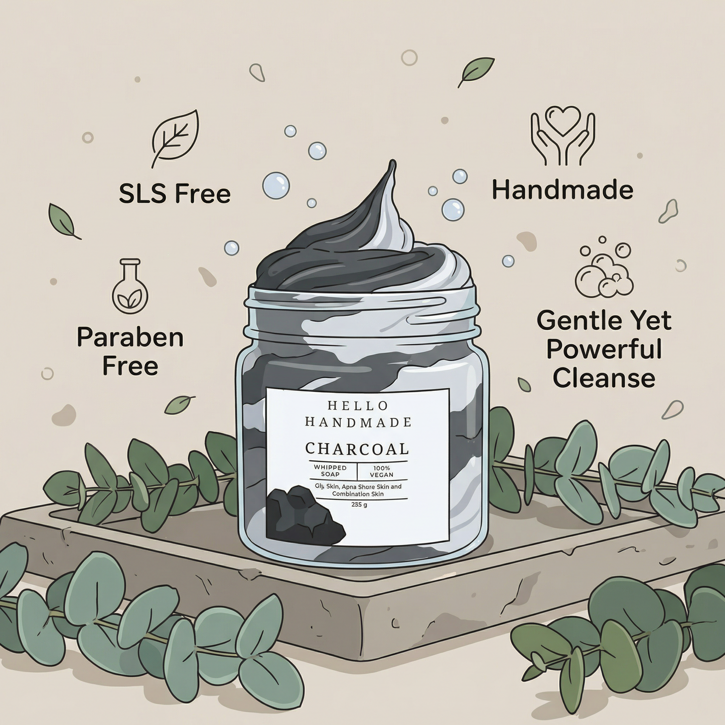 Charcoal Whipped Soap | Handmade Detoxifying Cleanser with Activated Charcoal for Oily, Acne-Prone & Combination Skin