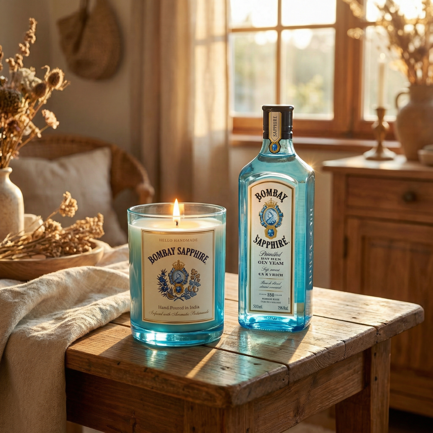Bombay Sapphire Gin Candle – Handcrafted Luxury Candle Made with Upcycled Real Bombay Sapphire Bottles | Premium Bar Décor, Aromatic Botanical Candle & Unique Gifting