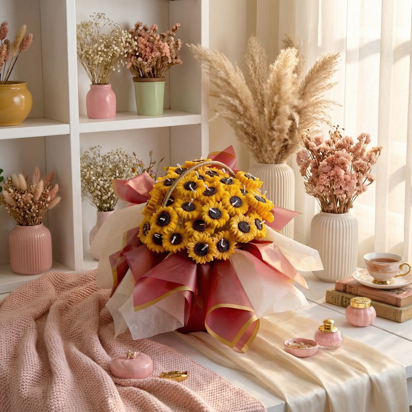 Sunflower Serenade Candle Bouquet Basket – Handcrafted Joy in Bloom