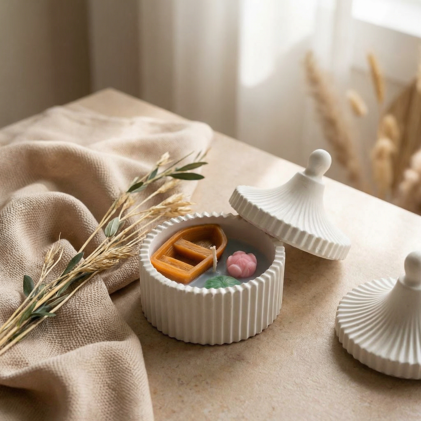 Boat in a Jar – Jesmonite Container Candle | Handmade Soy Wax Candle with Floral & Nautical Elements