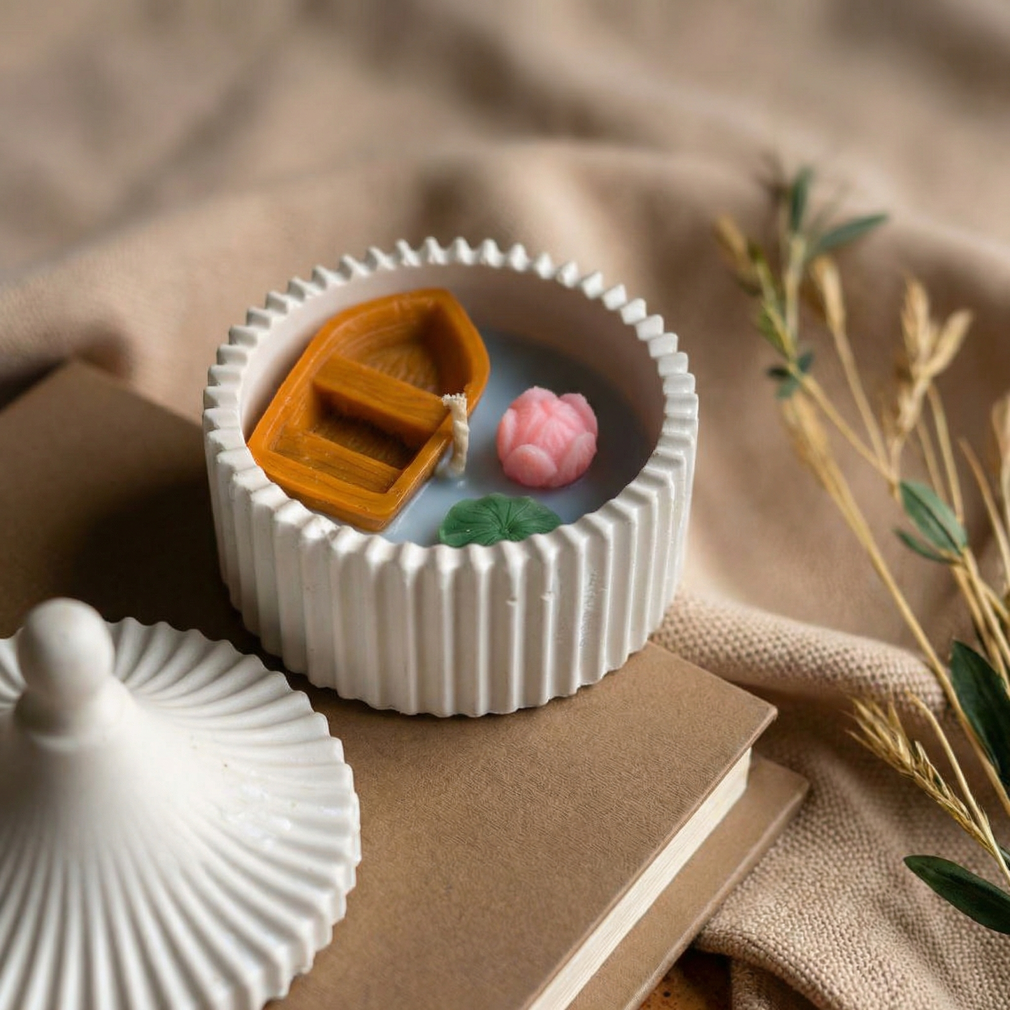 Boat in a Jar – Jesmonite Container Candle | Handmade Soy Wax Candle with Floral & Nautical Elements