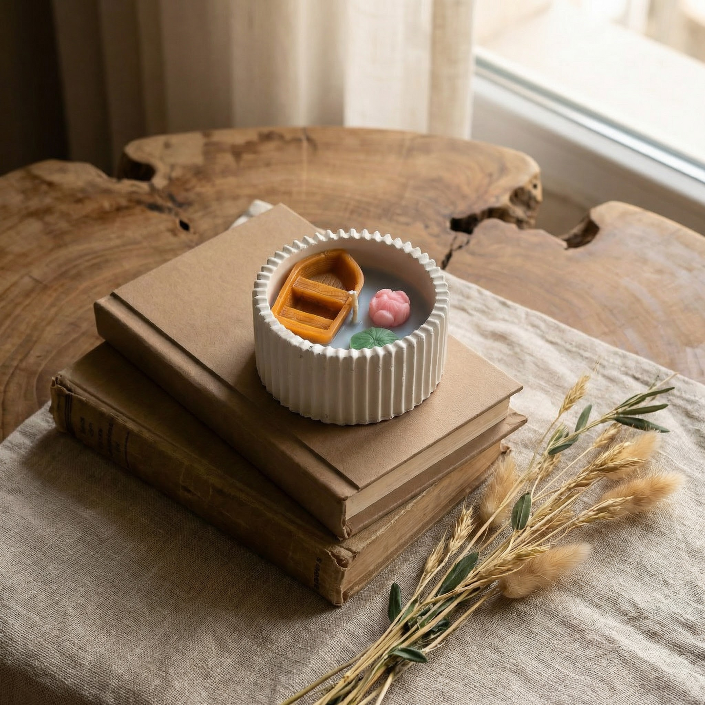 Boat in a Jar – Jesmonite Container Candle | Handmade Soy Wax Candle with Floral & Nautical Elements