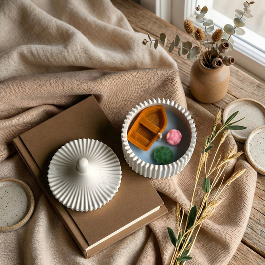 Boat in a Jar – Jesmonite Container Candle | Handmade Soy Wax Candle with Floral & Nautical Elements