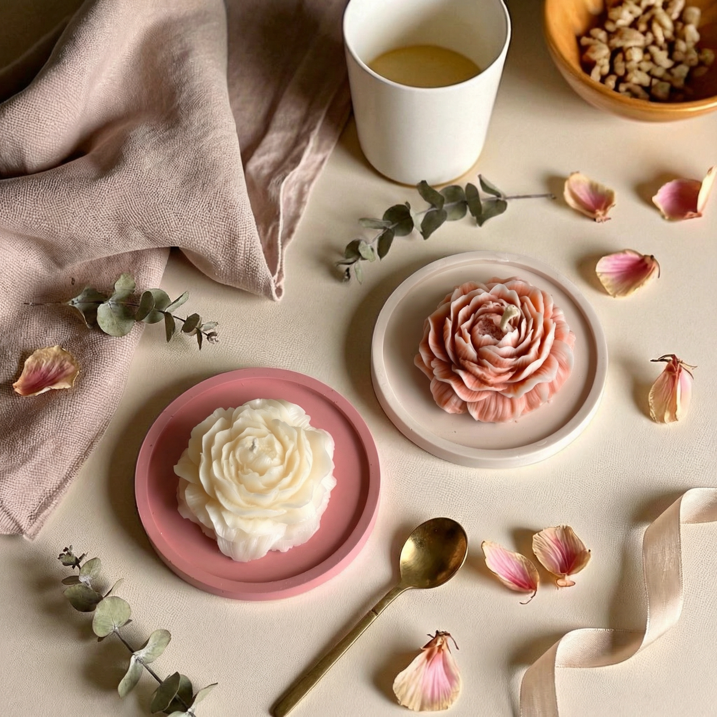 Peony Candle Set – Vanilla & Jasmine with Jesmonite Tray