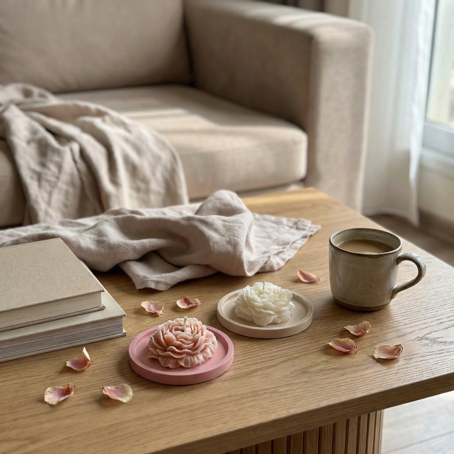 Peony Candle Set – Vanilla & Jasmine with Jesmonite Tray