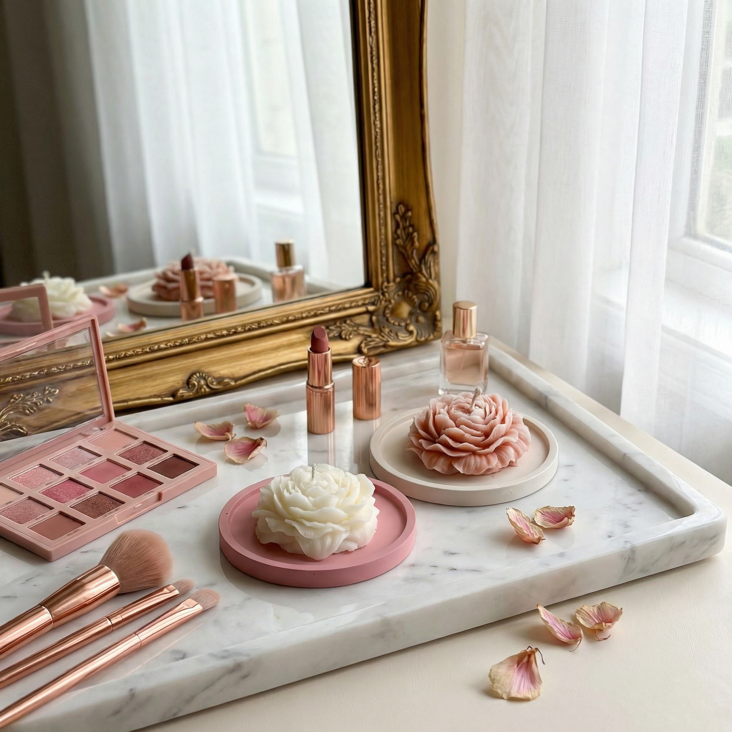 Peony Candle Set – Vanilla & Jasmine with Jesmonite Tray