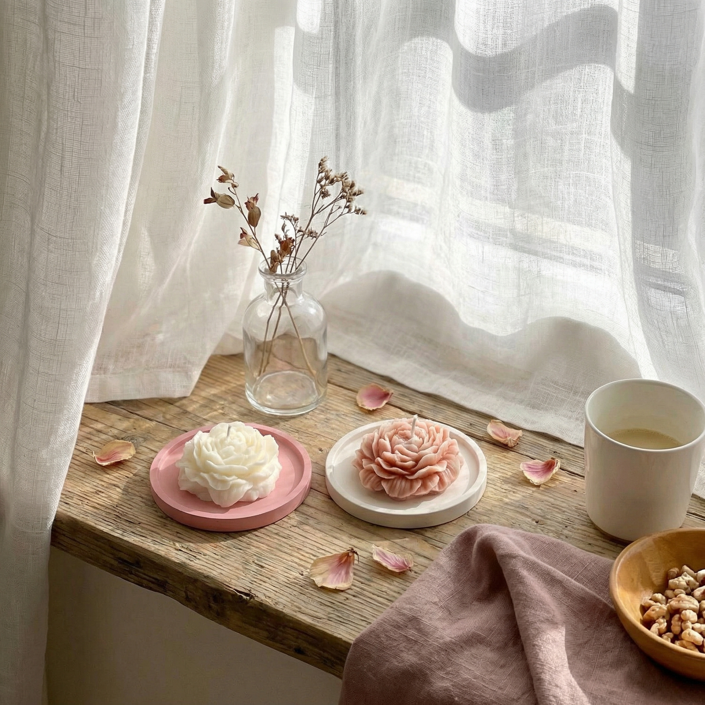 Peony Candle Set – Vanilla & Jasmine with Jesmonite Tray