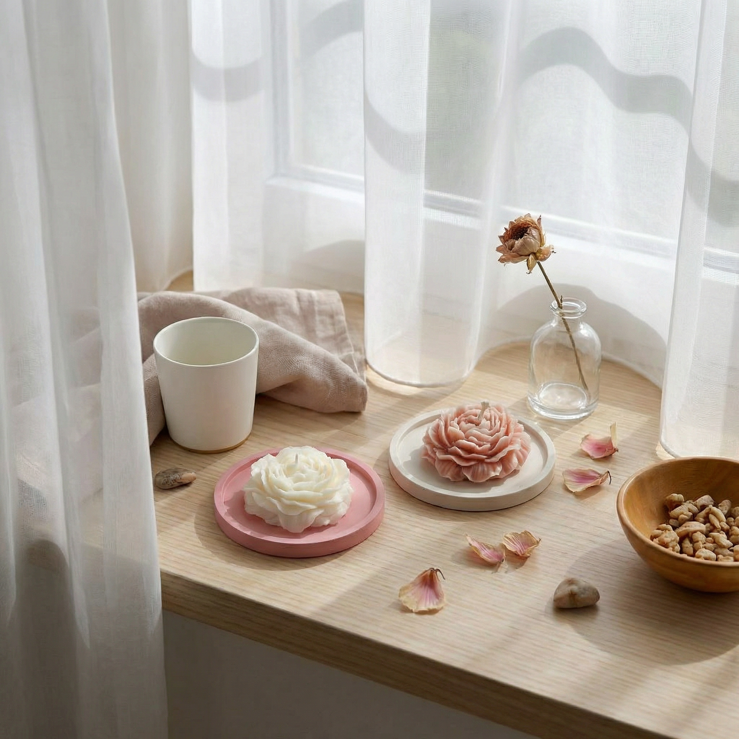 Peony Candle Set – Vanilla & Jasmine with Jesmonite Tray