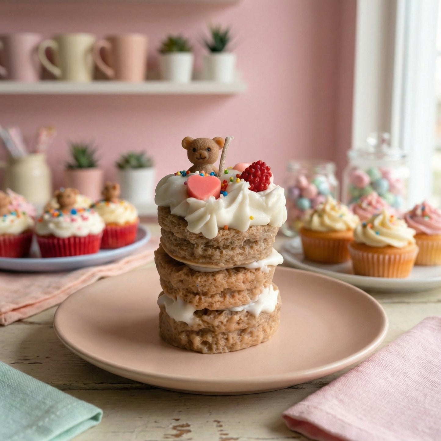 Teddy's Treat Tower – Dessert-Inspired Decorative Scented Candle (Vanilla Ice Cream Scent)