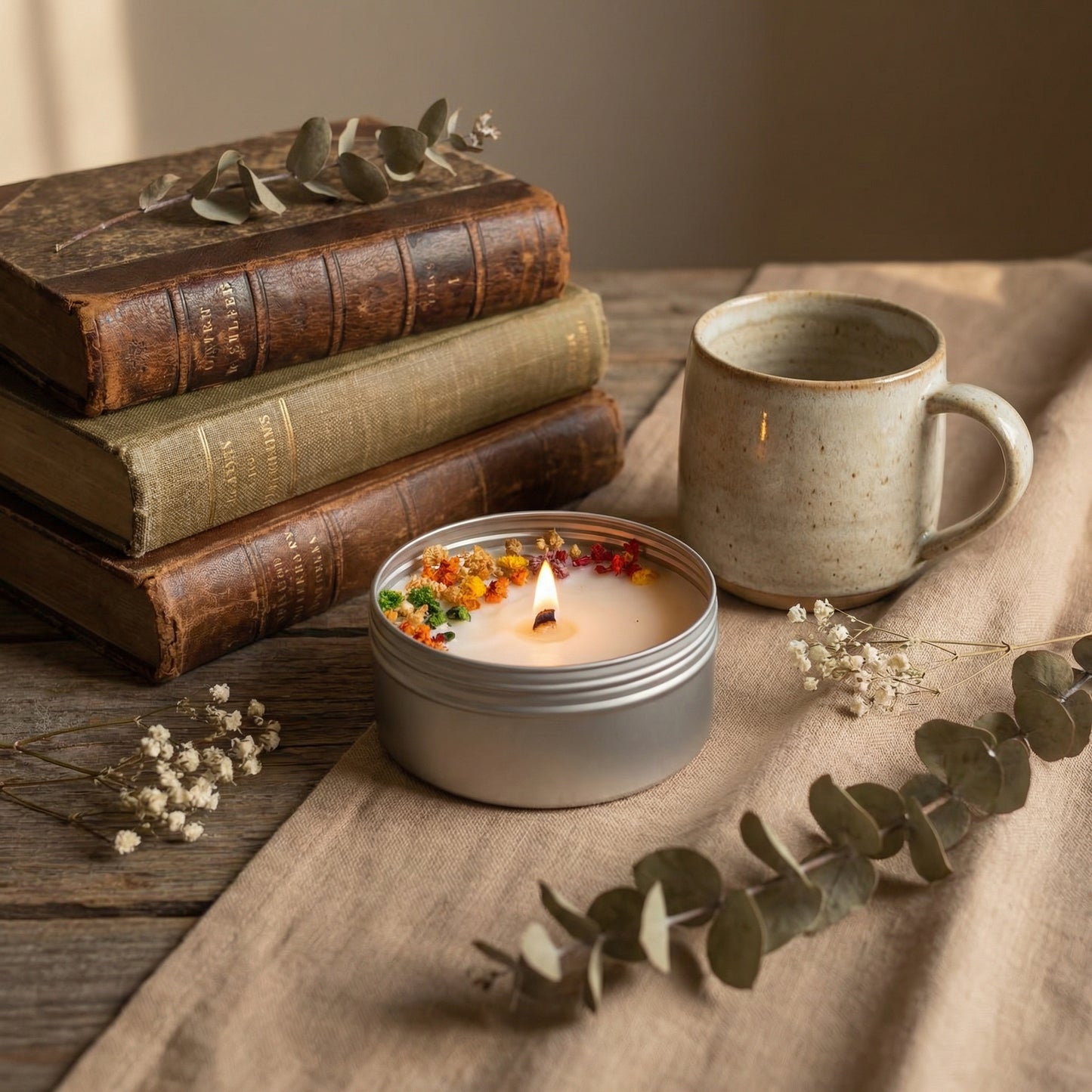 Scented Floral Candle in Tin – Natural Soy Wax with Dried Botanicals (Vanilla Jasmine)