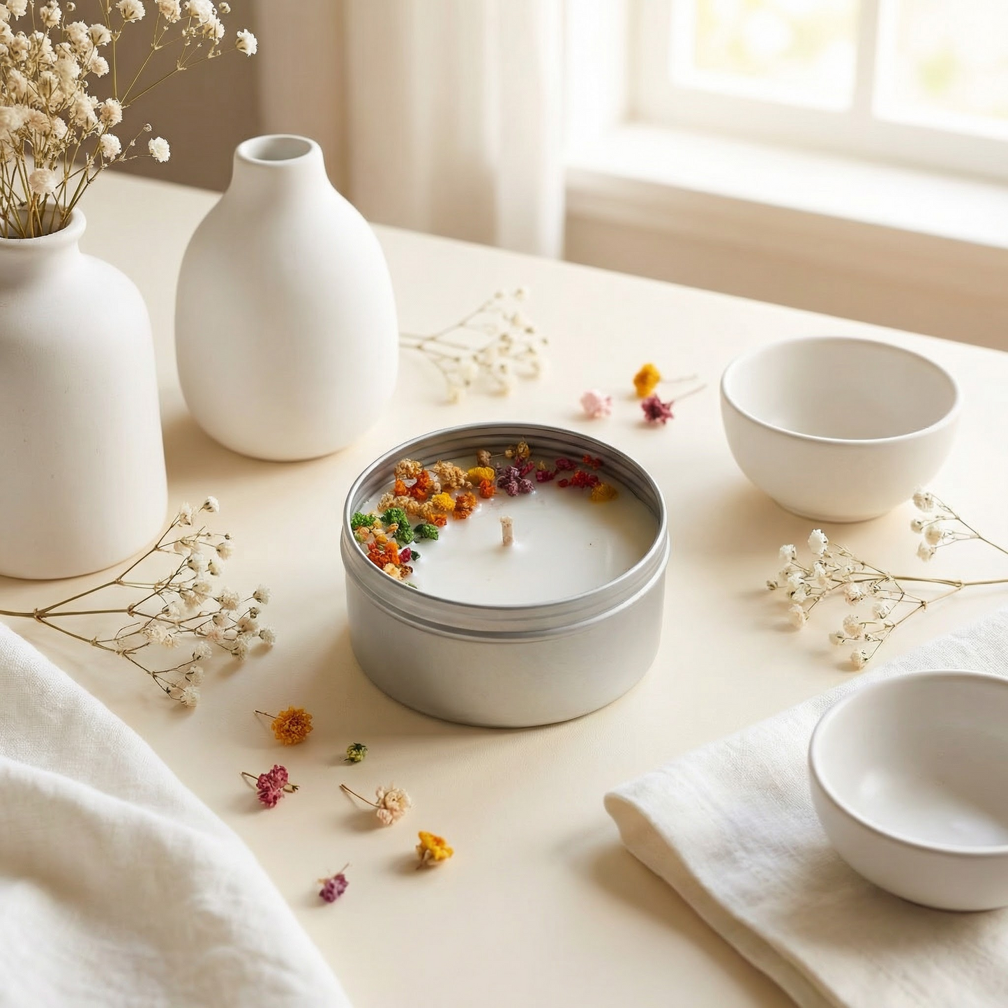 Scented Floral Candle in Tin – Natural Soy Wax with Dried Botanicals (Vanilla Jasmine)