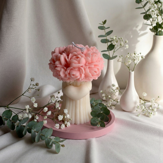 Blush Bloom Bouquet Candle Set – British Rose Scent with Jesmonite Tray | Handcrafted Soy-Coconut Wax Candle