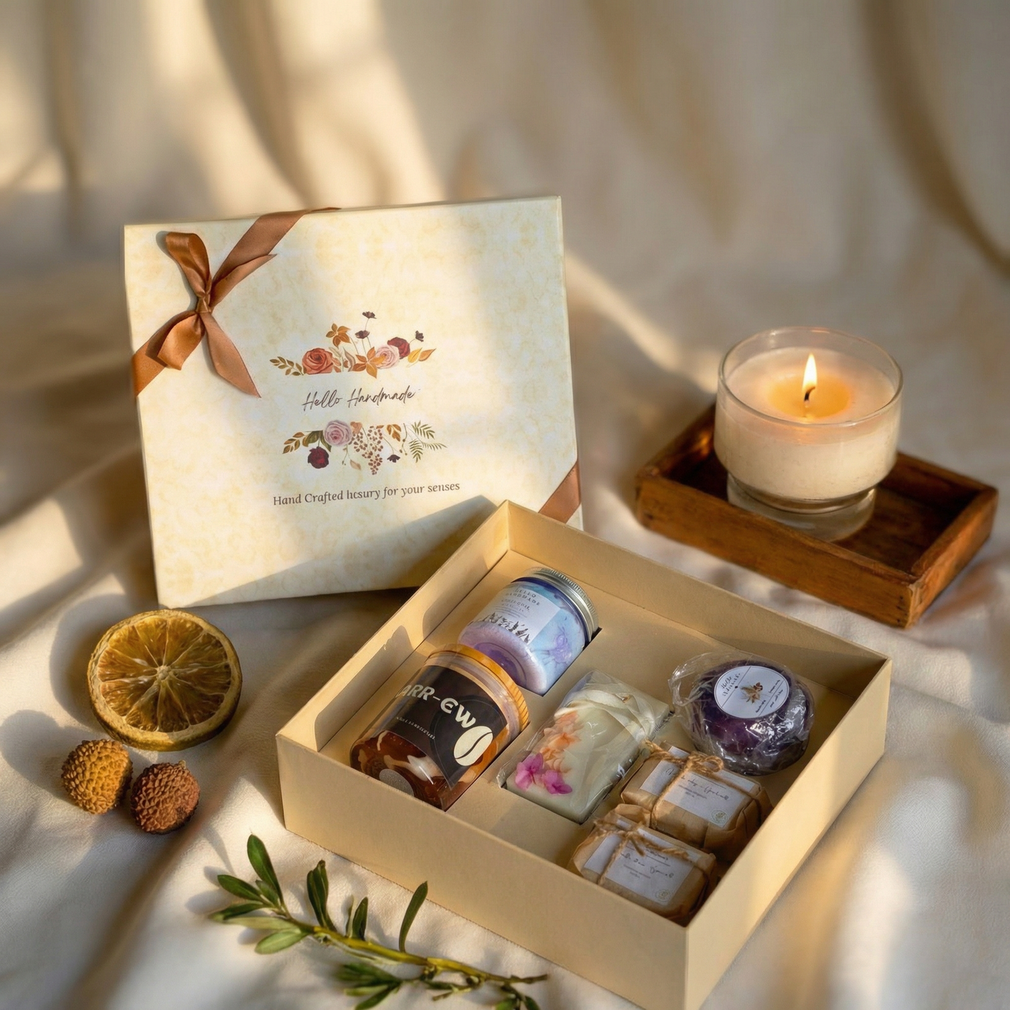 Luxury Handmade Bathing Essentials Gift Box – Candle,Wax Tablet, Whipped Soap, Loofah & Bar Soaps