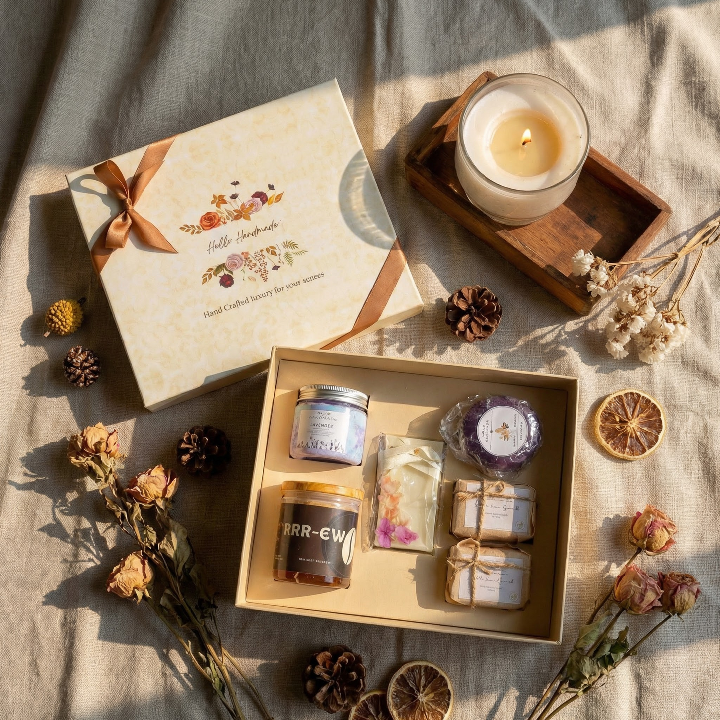 Luxury Handmade Bathing Essentials Gift Box – Candle,Wax Tablet, Whipped Soap, Loofah & Bar Soaps