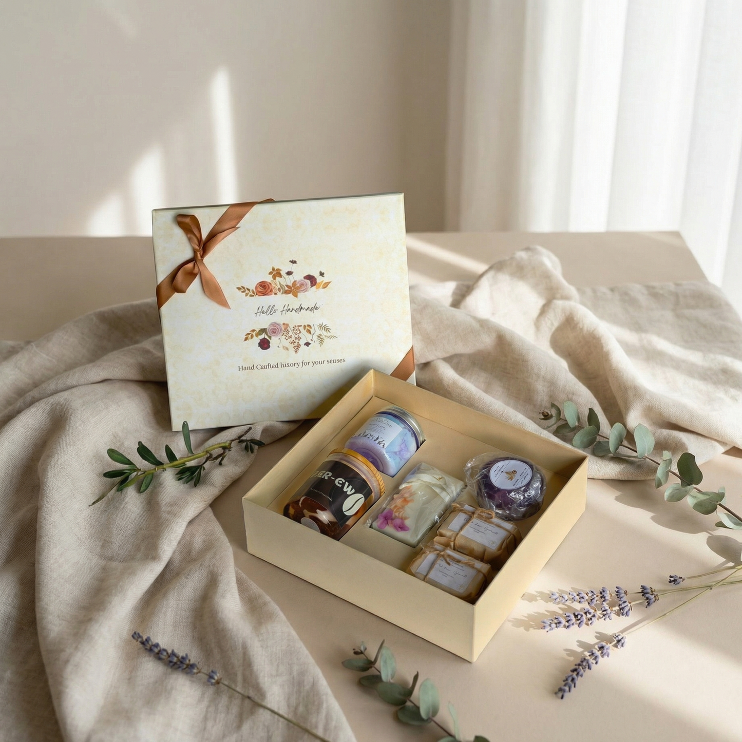 Luxury Handmade Bathing Essentials Gift Box – Candle,Wax Tablet, Whipped Soap, Loofah & Bar Soaps