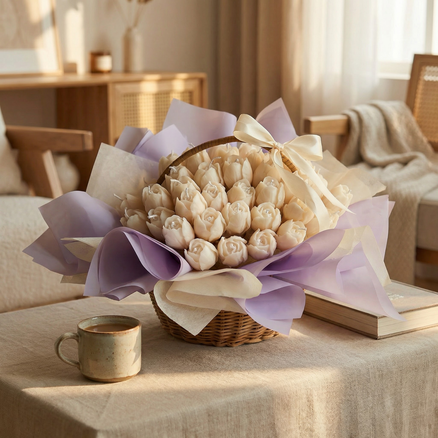Ivory Rose Candle Basket – Handcrafted Elegant Candle Arrangement
