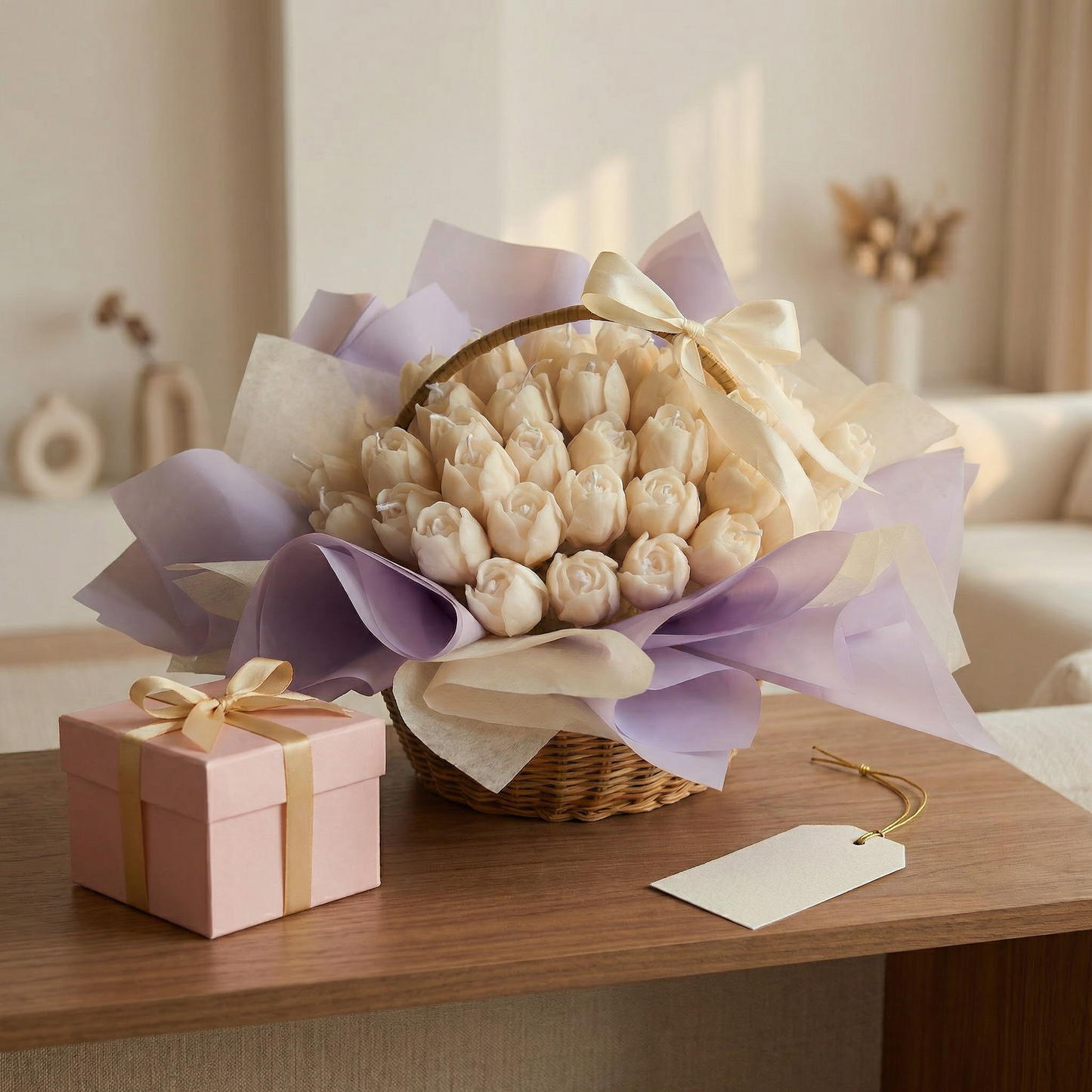 Ivory Rose Candle Basket – Handcrafted Elegant Candle Arrangement