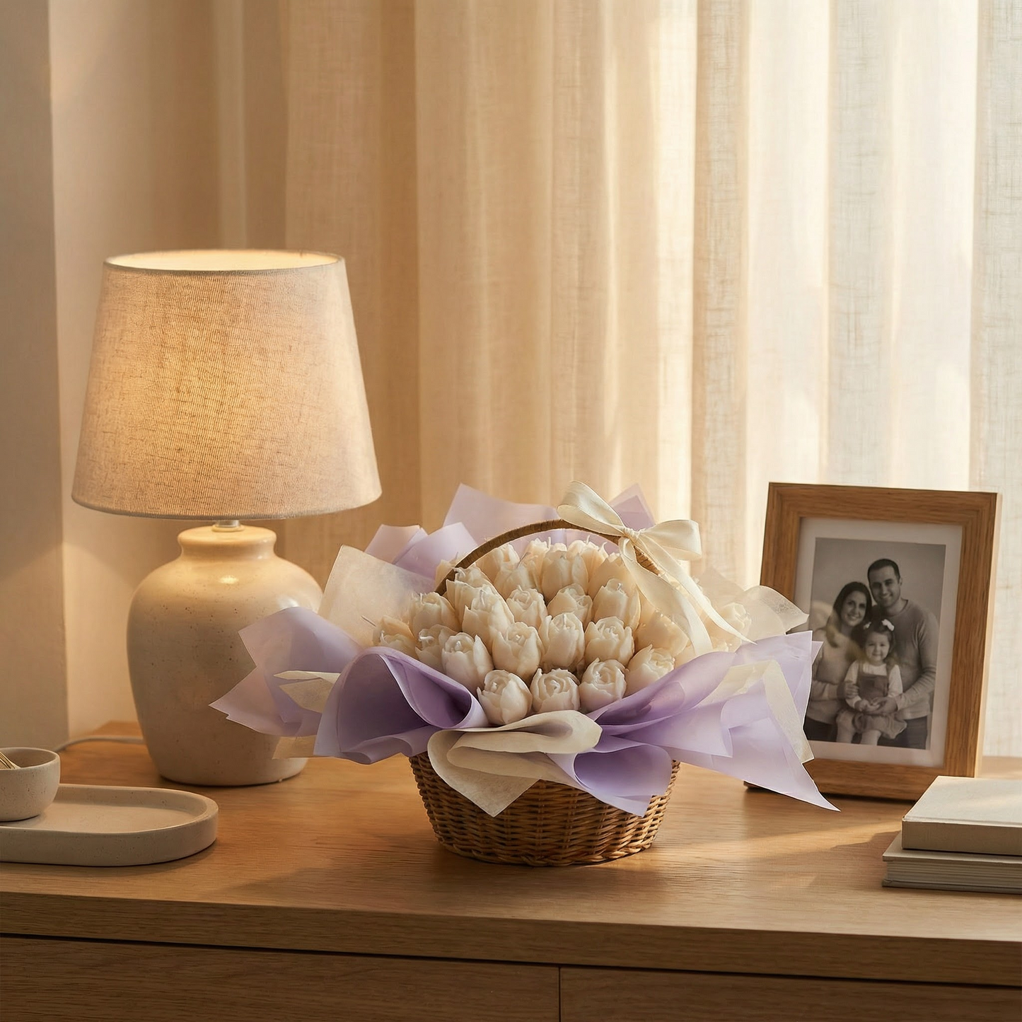 Ivory Rose Candle Basket – Handcrafted Elegant Candle Arrangement