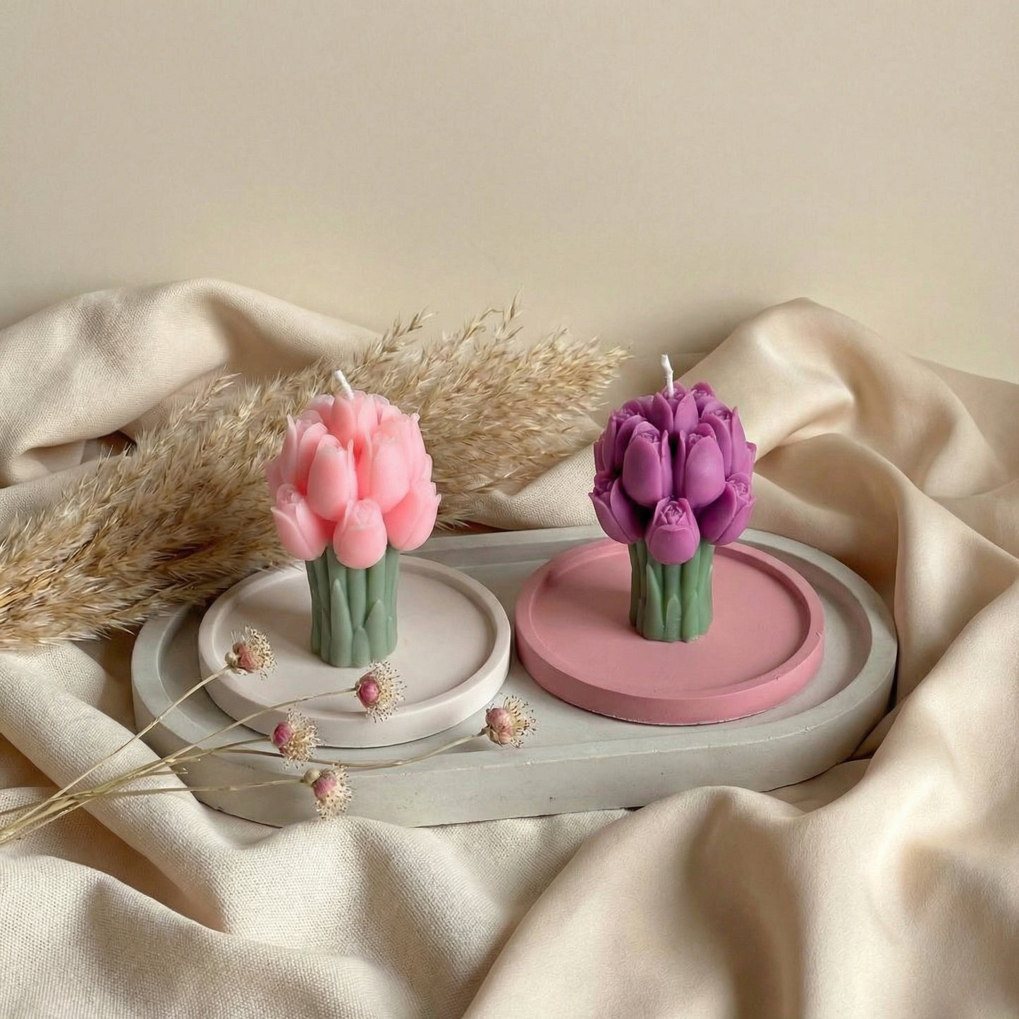 Set of 2 Tulip Candles with Jesmonite Trays (Lavender Scented)