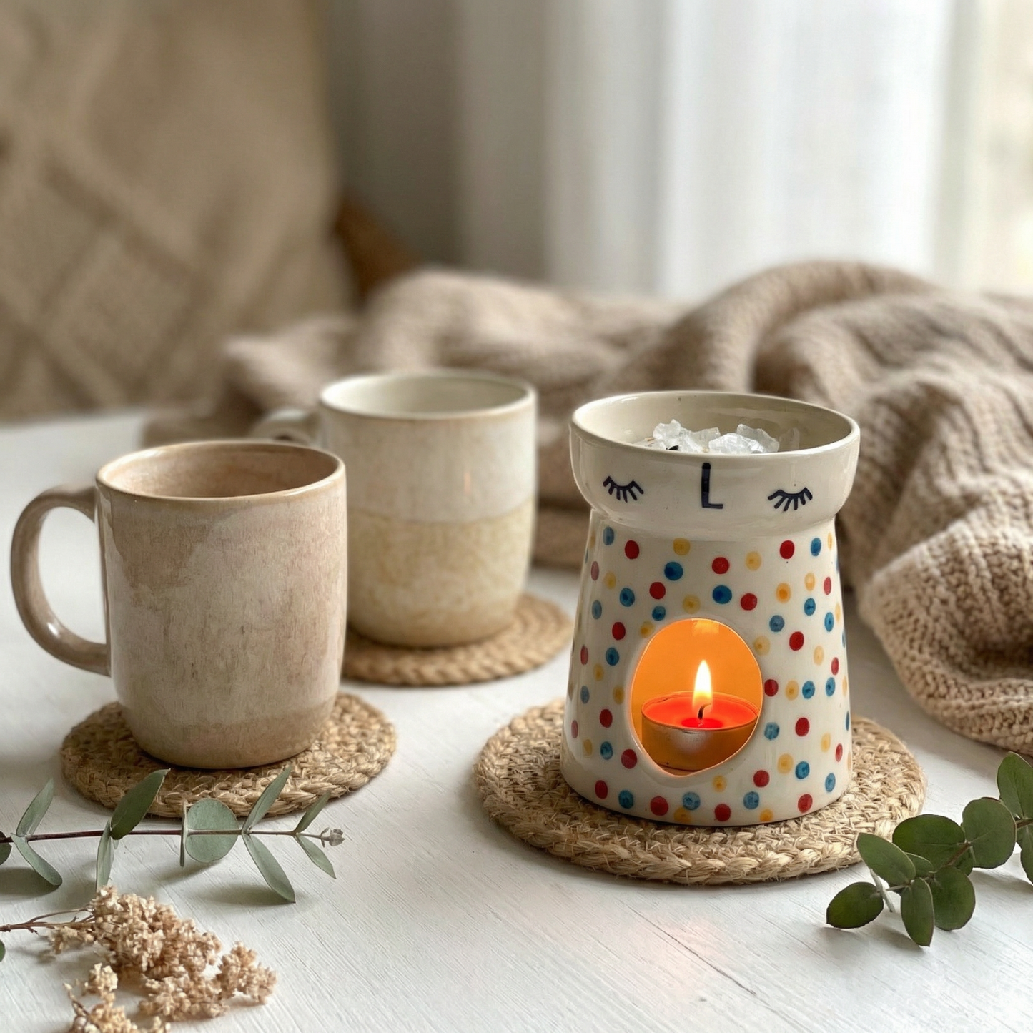 Polka Dot Ceramic Wax Melt / Camphor Burner (2 Tealight Candles Included)