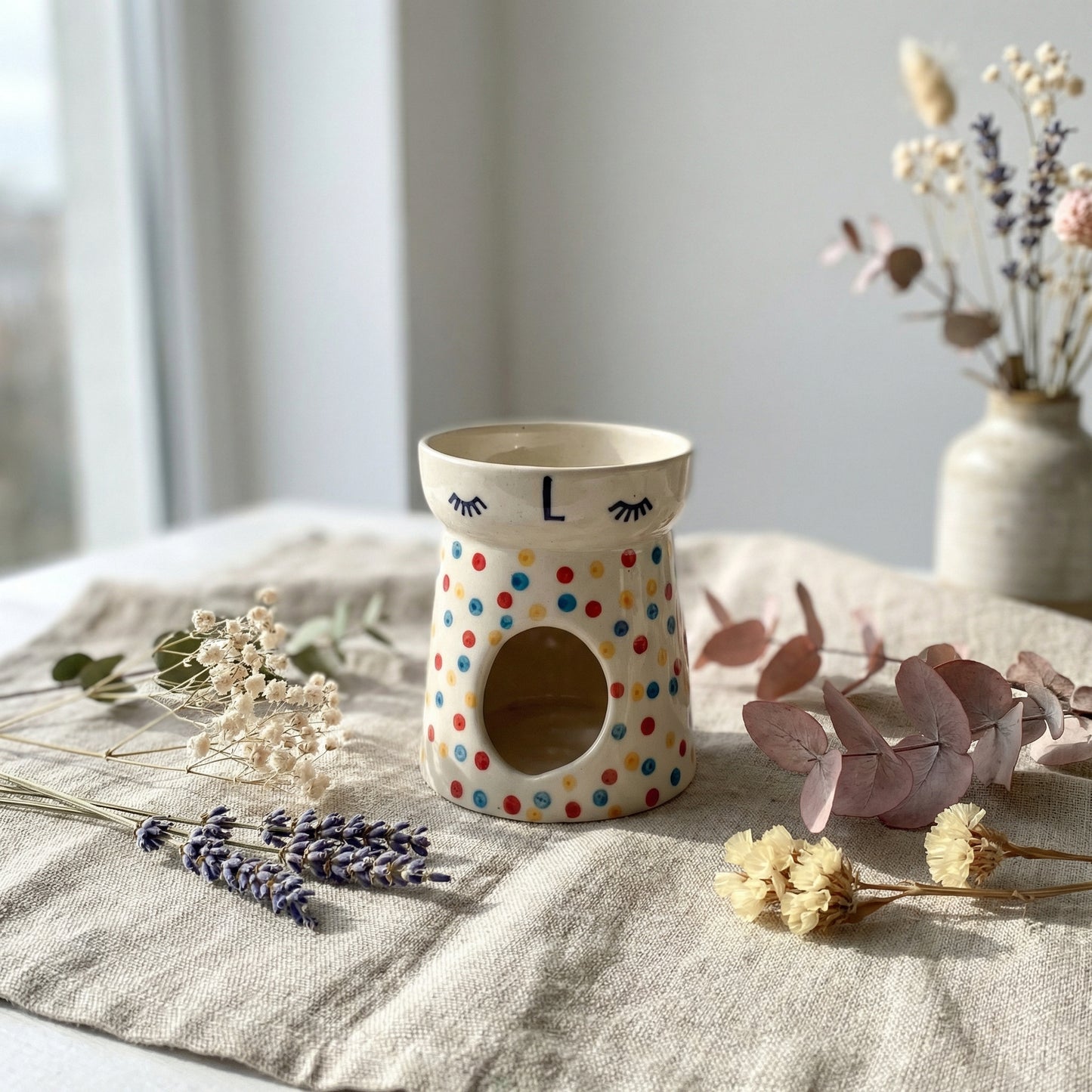 Polka Dot Ceramic Wax Melt / Camphor Burner (2 Tealight Candles Included)