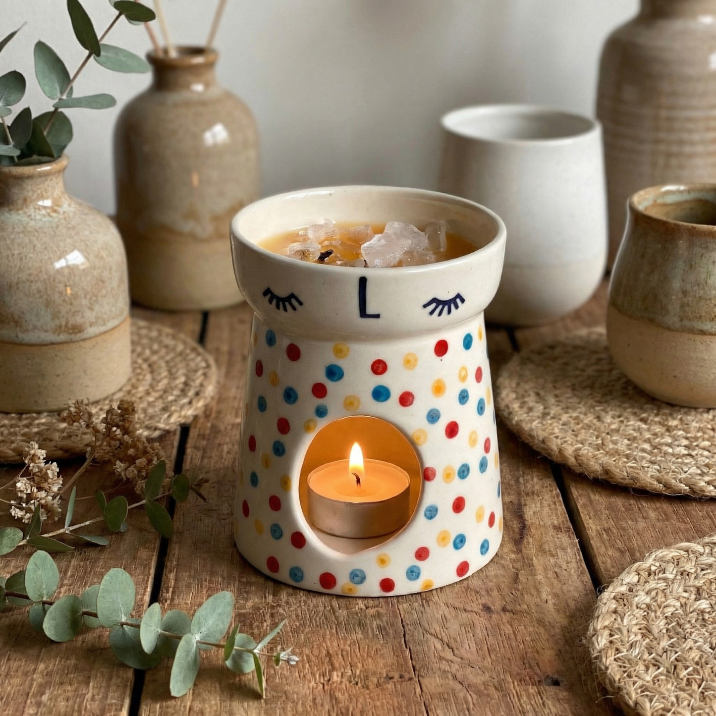 Polka Dot Ceramic Wax Melt / Camphor Burner (2 Tealight Candles Included)