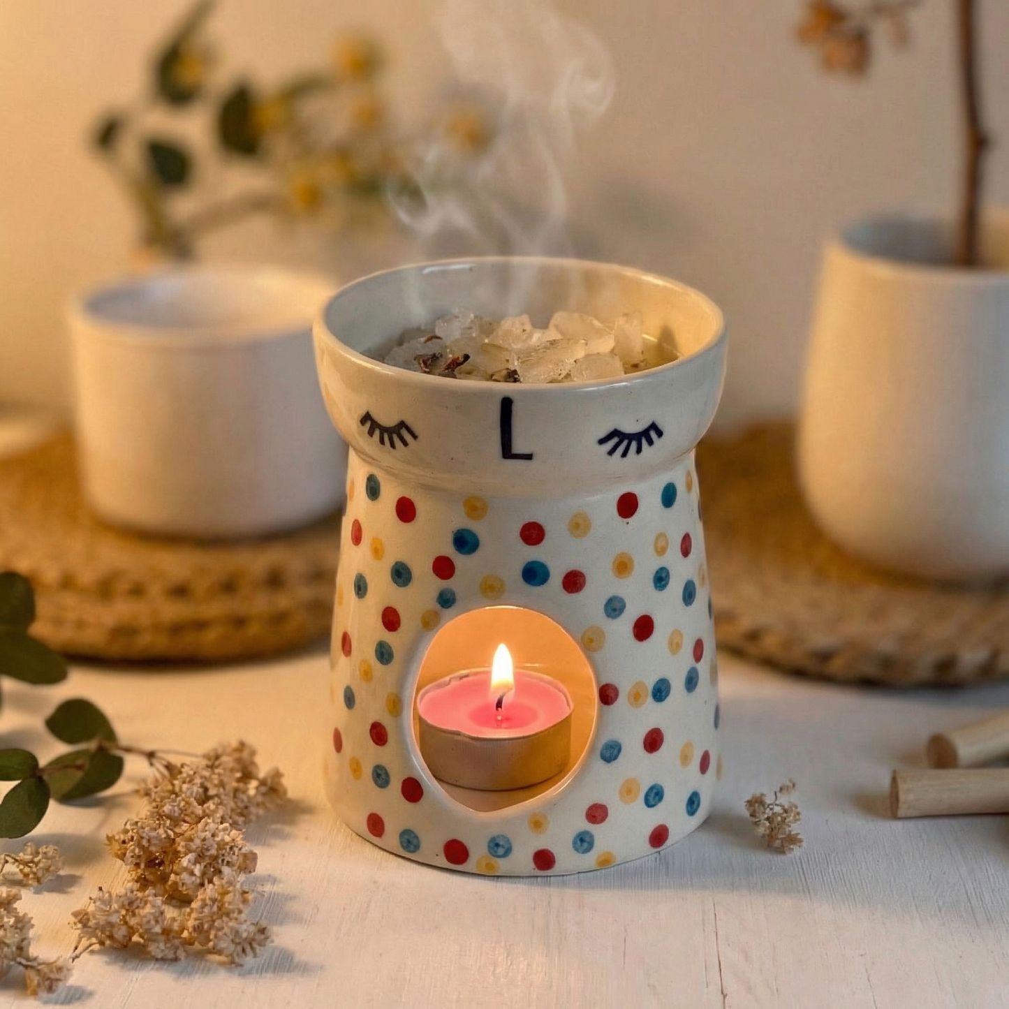 Polka Dot Ceramic Wax Melt / Camphor Burner (2 Tealight Candles Included)