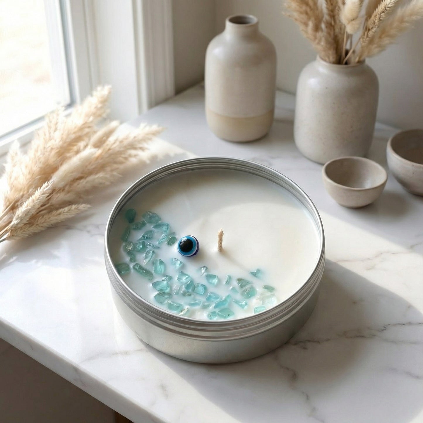 Hello Handmade Evil Eye Protection Candle – Scented Soy Wax Tin with Crystals (Scent Egyptian Musk)
