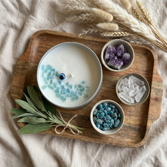 Hello Handmade Evil Eye Protection Candle – Scented Soy Wax Tin with Crystals (Scent Egyptian Musk)